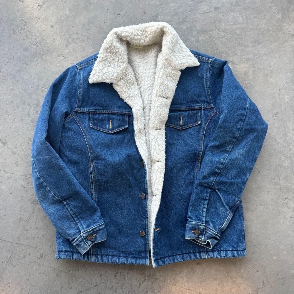 Vintage Y2k Denim Blue Jean Sherpa Trucker Button Up Jacket Men's L